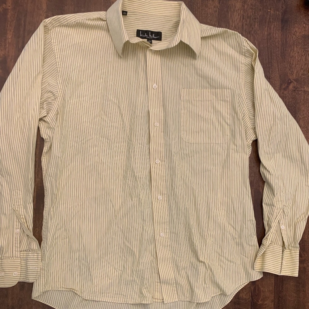 Nicole Miller Yellow Pinstripe Men's Dress Shirt Large 16 Nk 34/35 100% Cotton
